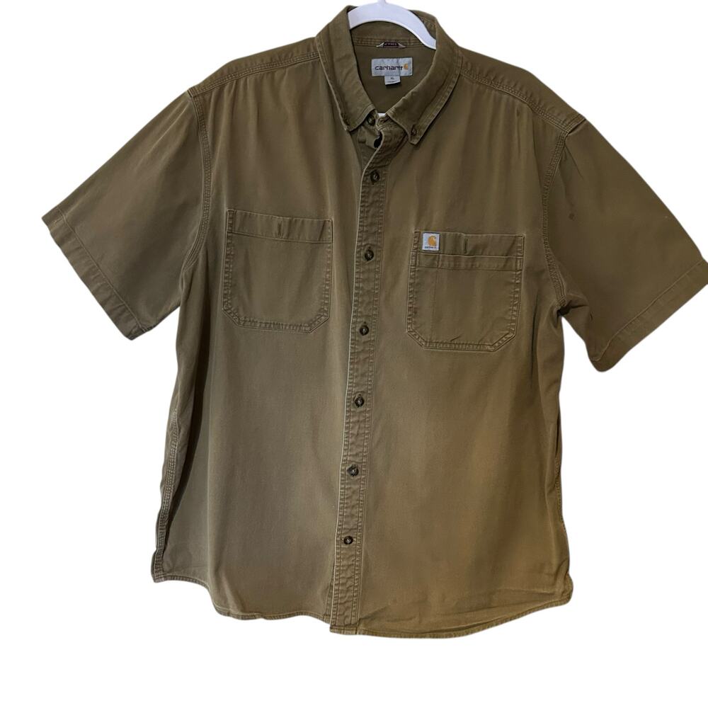 Carhartt Men Workwear Button Down Shirt Rugged Flex Relax Cotton Brown Size XL
